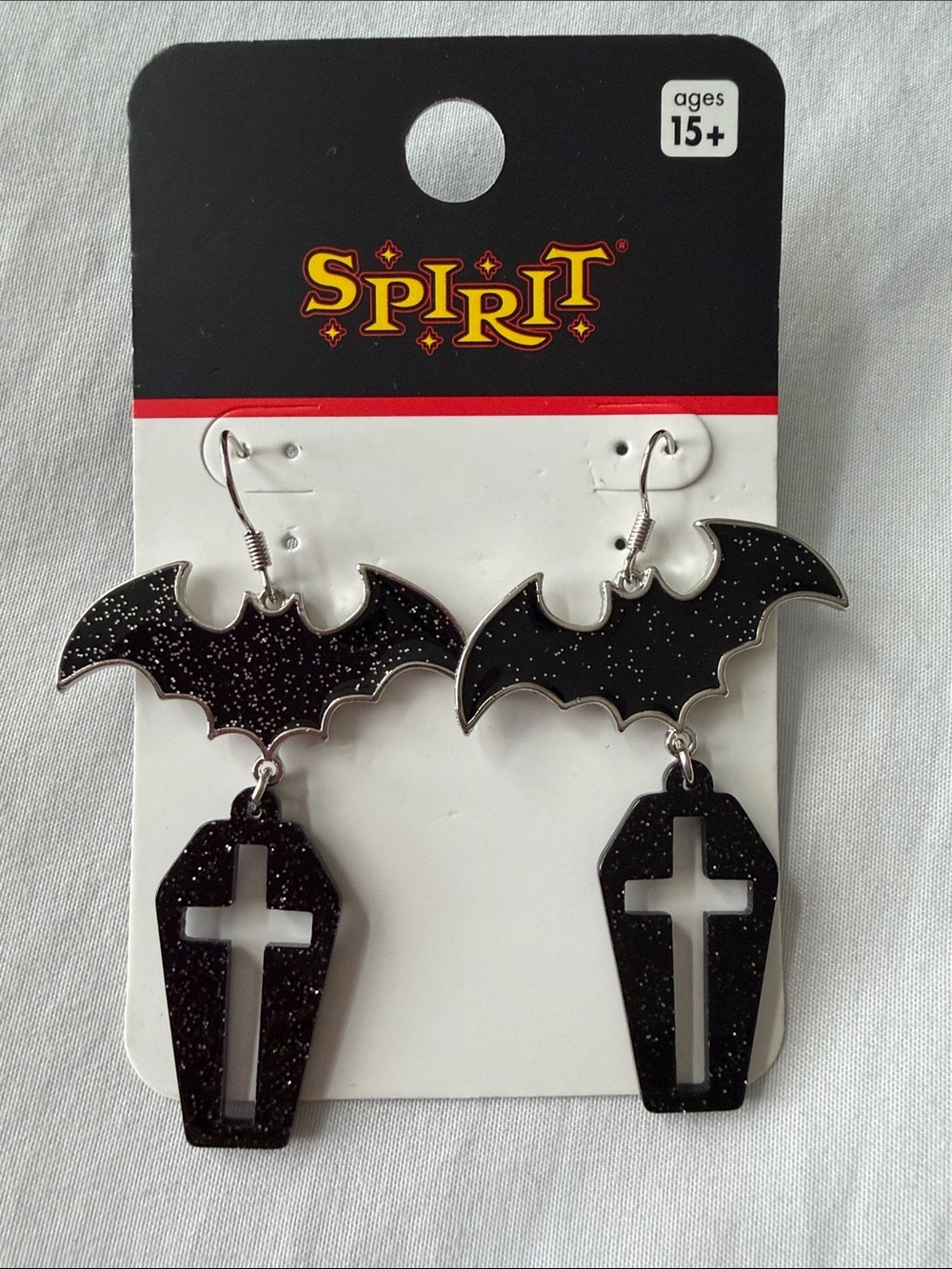 Spirit Black Glitter Bat and Coffin Dangle Earrings